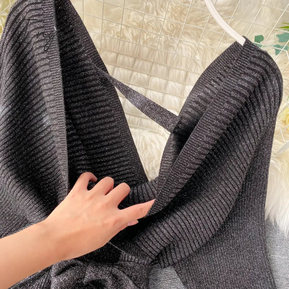 Ingvn - Women Shiny Knitted Dress Sexy V Neck Puff Sleeve Elastic Sheath Knitting Dress Autumn Solid Bow Sashes Pencil Dress