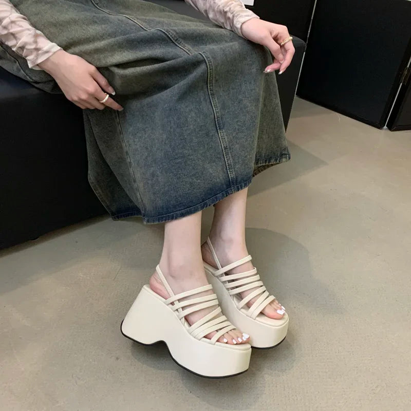 Ingvn  Silver Wedge Sandals Women Platform Shoes Black Belt High Heels Gladiator Chunky Heeled  Summer Wedges Zapatos De Mujer