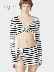 Ingvn - Flower Stripes Skirt Set Women V Neck Full Sleeve Crop Top And Mini Skirt Suits Fashion Hollow Out Sexy Two Piece Sets