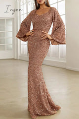 Ingvn - Elegant Formal Solid Sequins V Neck Evening Dress Dresses