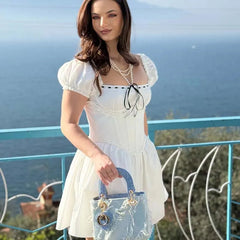 New Women Sexy Off Shoulder White Mini Dress Short Sleeve Low Waist Lace Up Back Sweet Summer Dresses Cotton Robe
