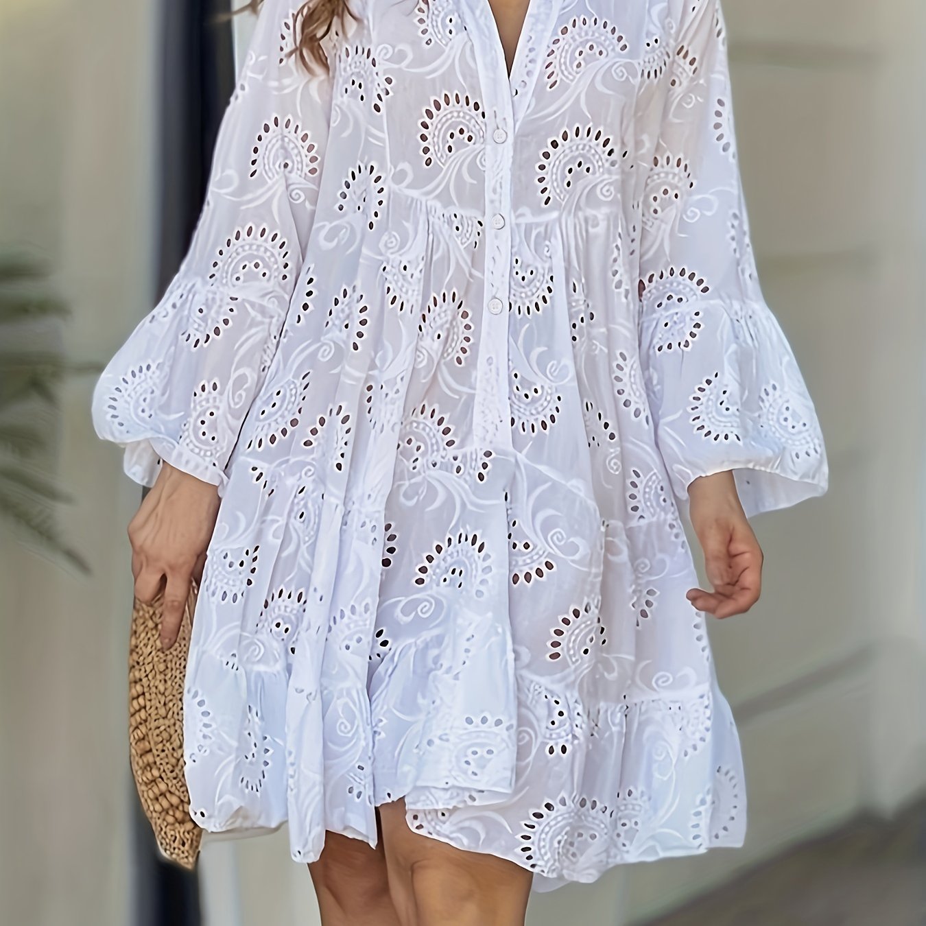 Elegant V Neck Hollow Ruffle Hem Flared Sleeve Dress, Women's Solid Wedding Clothing