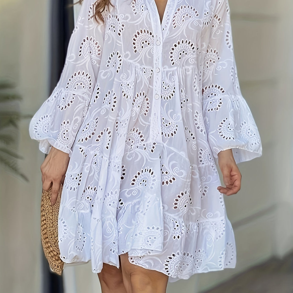 Elegant V Neck Hollow Ruffle Hem Flared Sleeve Dress, Women's Solid Wedding Clothing