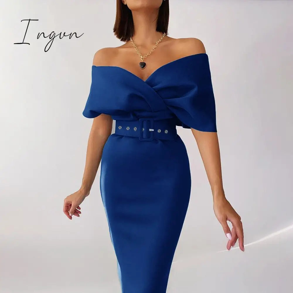 Ingvn - Women Sexy Elegant Off The Shoulder Dresses Autumn Summer Vintage Streetwear Club Party Female V-Neck Dress With A Belt