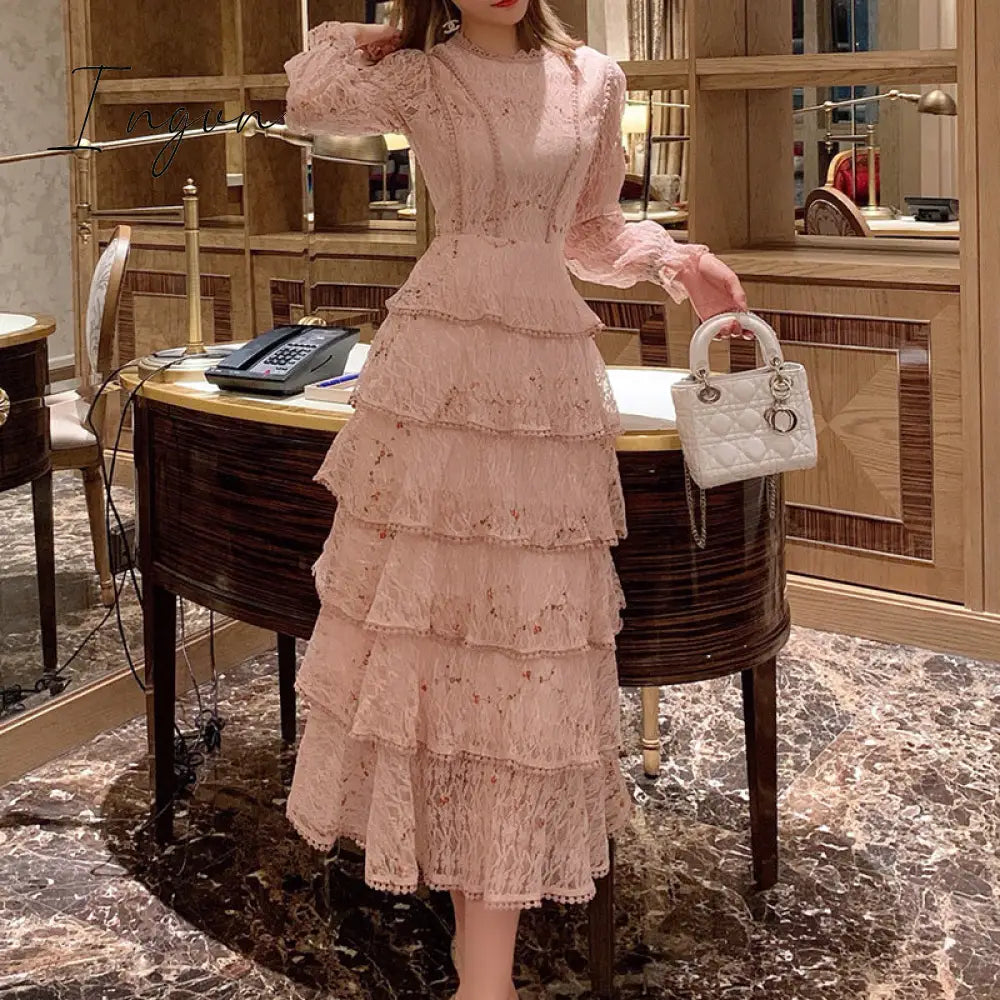 Ingvn - Pink Lace Embroidery Maxi Dress Female spring Winter Full sleeve high waist Ruffle elegant Long party dresses Woman