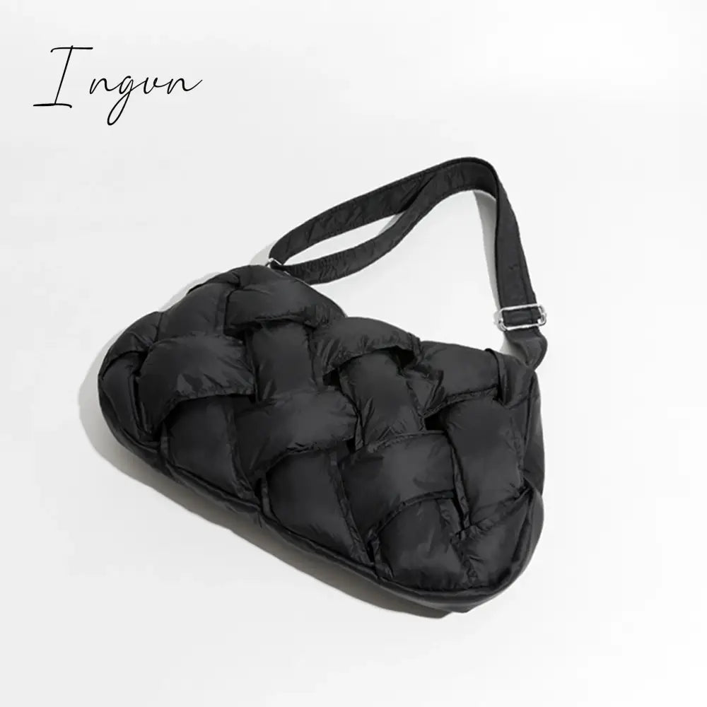 Ingvn - Black Woven Design Padded Shoulder Hobo Bag Cotton Down Crossbody Puffer Purse Big Women Winter Sling Handbag