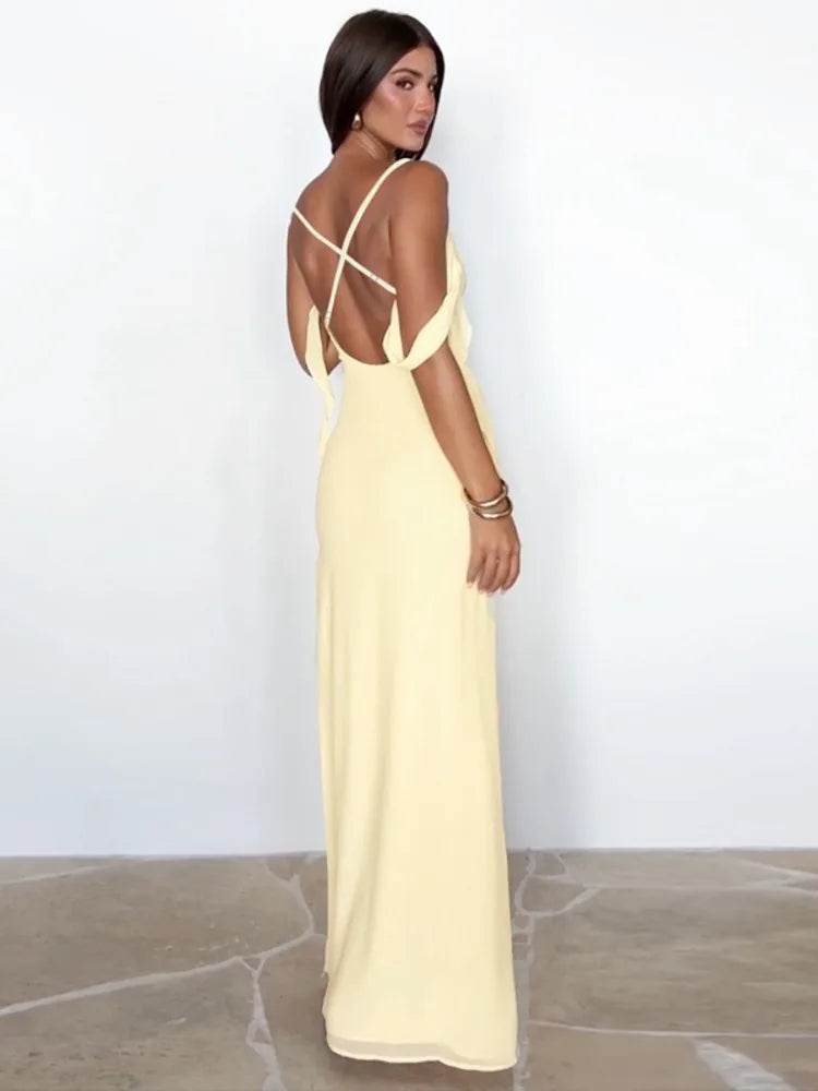 Spaghetti Strap Backless Sexy Maxi Dress Women Gown Summer Fashion Off-shoulder Draped Bodycon Club Party Long Dress