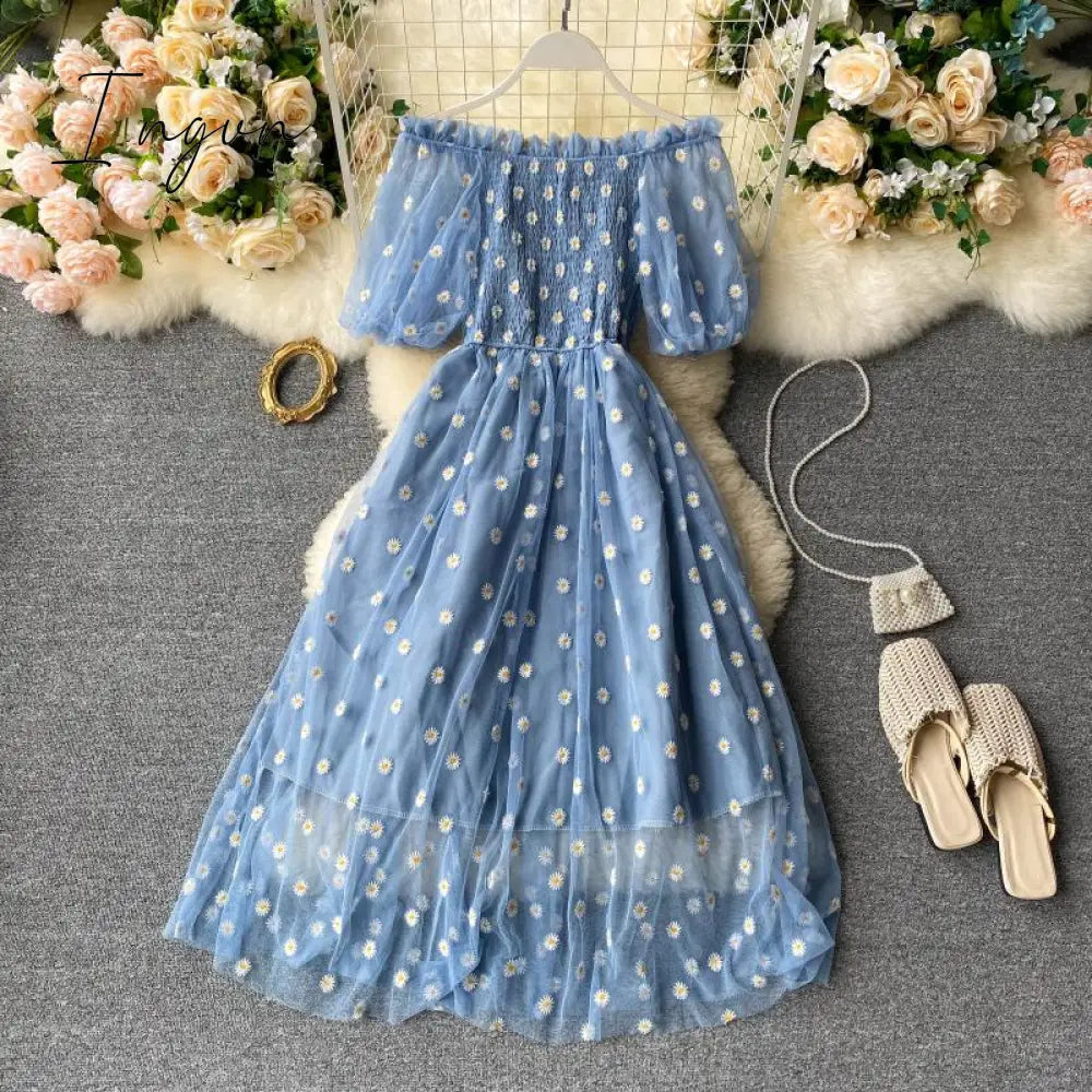 Ingvn - Embroidered Off-Shoulder Dresses Fairy Chic Gentle Dress Female New Style Sweet Daisy Printed Mesh Long Floral Dress Female