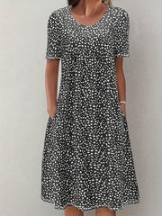 Bohemian Floral Charm - Dual Pocket Crew Neck Dress with Short Sleeves - Stylish Casual Womens Clothing for Summer