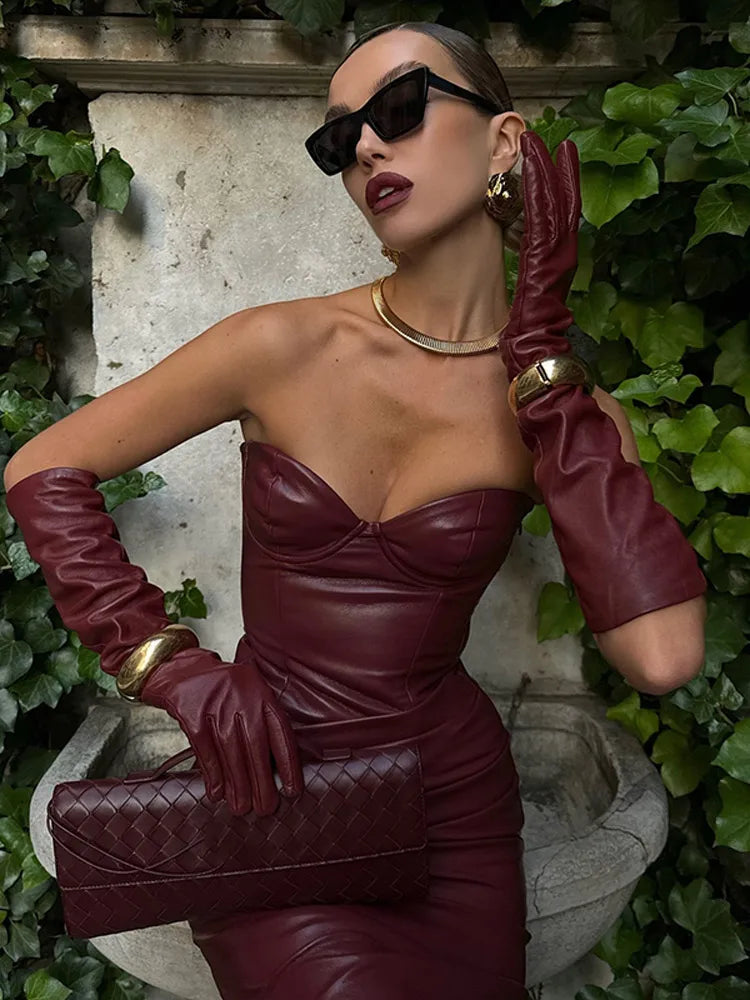 Women Burgundy Sexy Pu Leather Strapless Dress Fashion Backless Sleeveless Long Gown New Female Evening Party Prom Robe