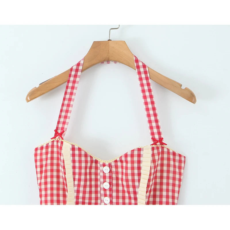 Cute Girl Red Plaid Halter Mini Dresses Women Front Button Pockets Sexy Backless  A-line Short Summer Dress Cotton Robe