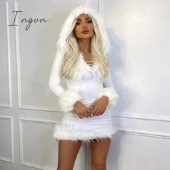 Ingvn - Furry Long Sleeve Hooded Bodycon Mini Dresses Women White V Neck Fuzzy Dress Skinny Christmas Party Streetwear Winter