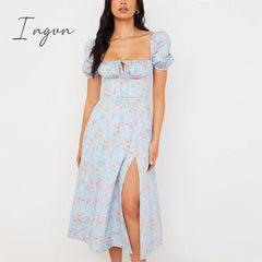 Ingvn - Floral Print Dress Sweet Square Neck Puff Sleeve Side Spilt Drawstring Maxi Dresses for Women Party Chic Casual Outfits