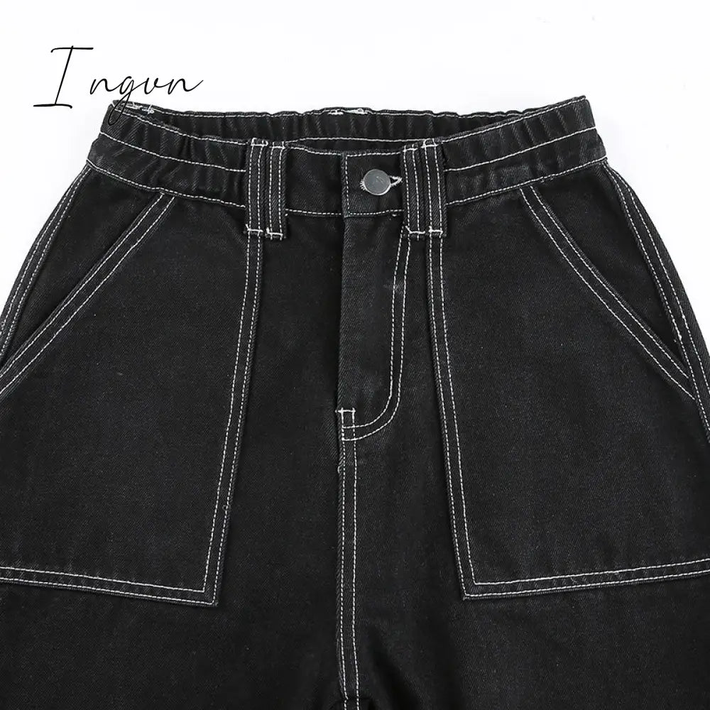 Ingvn - Womens Fashion Trends Pockets Patchwork Baggy Jeans Fashion Streetwear 100% Cotton Women Denim Trouser Loose Cargo Pants Korean Jeans Harajuku