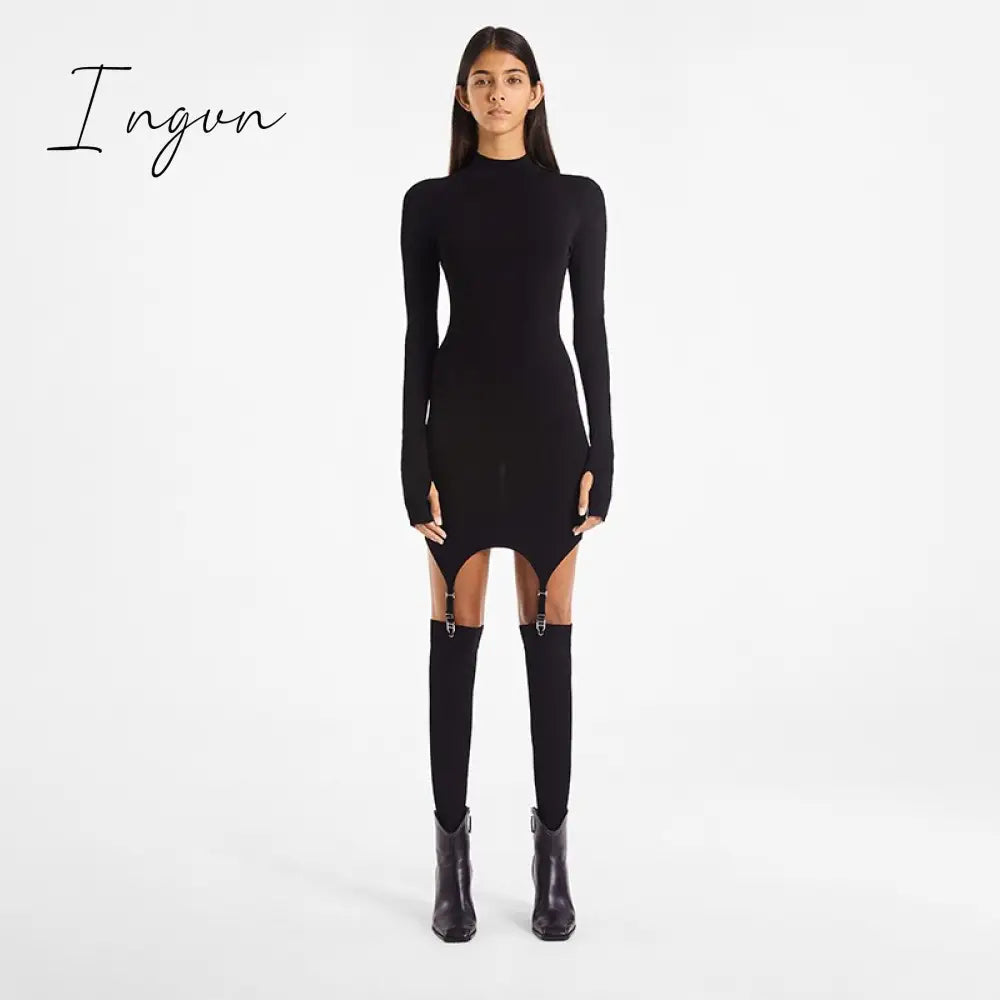 Ingvn - Womens Fashion Casual White Crew Neck Dress Crochet Long Sleeve Bodycon Sexy  Chic And Elegant Woman Dress Corset Party Nightclub Clothing