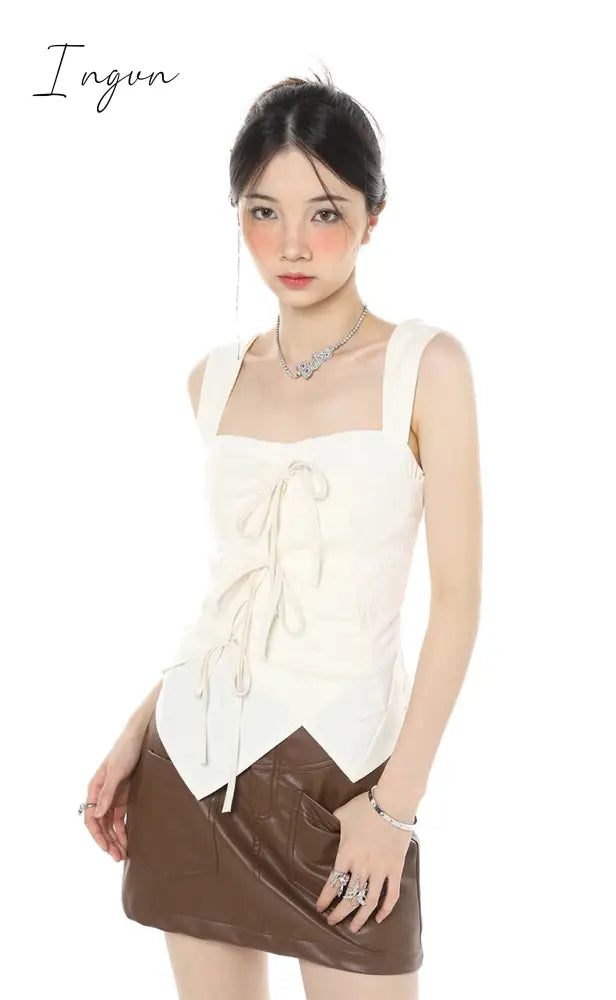 Ingvn - Solid Lace Up Tank Top Women Clothes Irregular Sleeveless Top Women 2023 Summer Halter Top Korean Fashion Chic