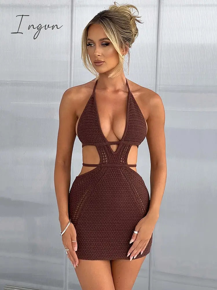 Ingvn - Hollow Out Halter Sexy Mini Dress Women Summer New Sleeveless Backless Skinny Club Party Knit Tank Dress Vestido