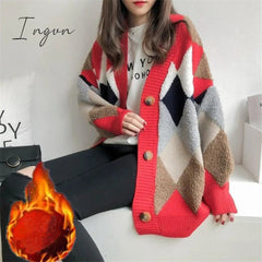 Ingvn - Womens Fashion Spring Winter Women's Plaid Plus Velvet Warm Knitted Sweaters Cardigans Long Sleeve Checkered Coat Oversize Sweater Jackets