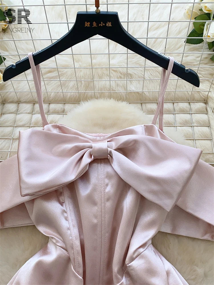 Birthday Party Satin Dress Women Sleeveless Off Shoulder Zipper Design Bodycon Senior Sexy Fashion Bow Mini Dresses