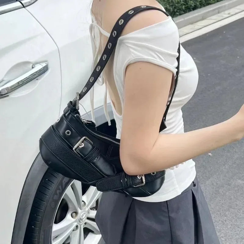 Ingvn  Vintage Belts Deco Women Shoulder Bags Designer Armpit Bag Punk Motorcycle Bag Luxury Pu Leather Lady Handbag