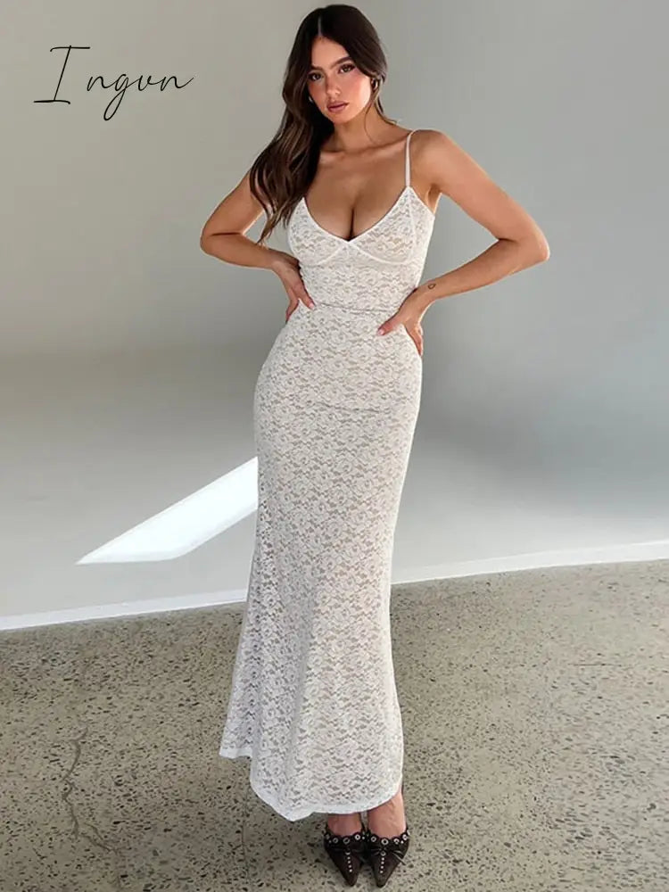 Ingvn - Sexy Lace Spaghetti Strap Maxi Dress Women Off-shoulder Sleeveless Gown Elegant Bodycon Party Long Dress Vestidos