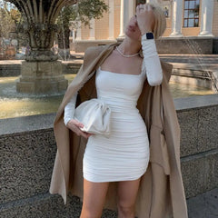 Ingvn - Hot Sale White Long Sleeve Dress For Women Black Vestido de Mujer Robe Femme Autumn Spring Ruched Elegantes Bodycon Dresses