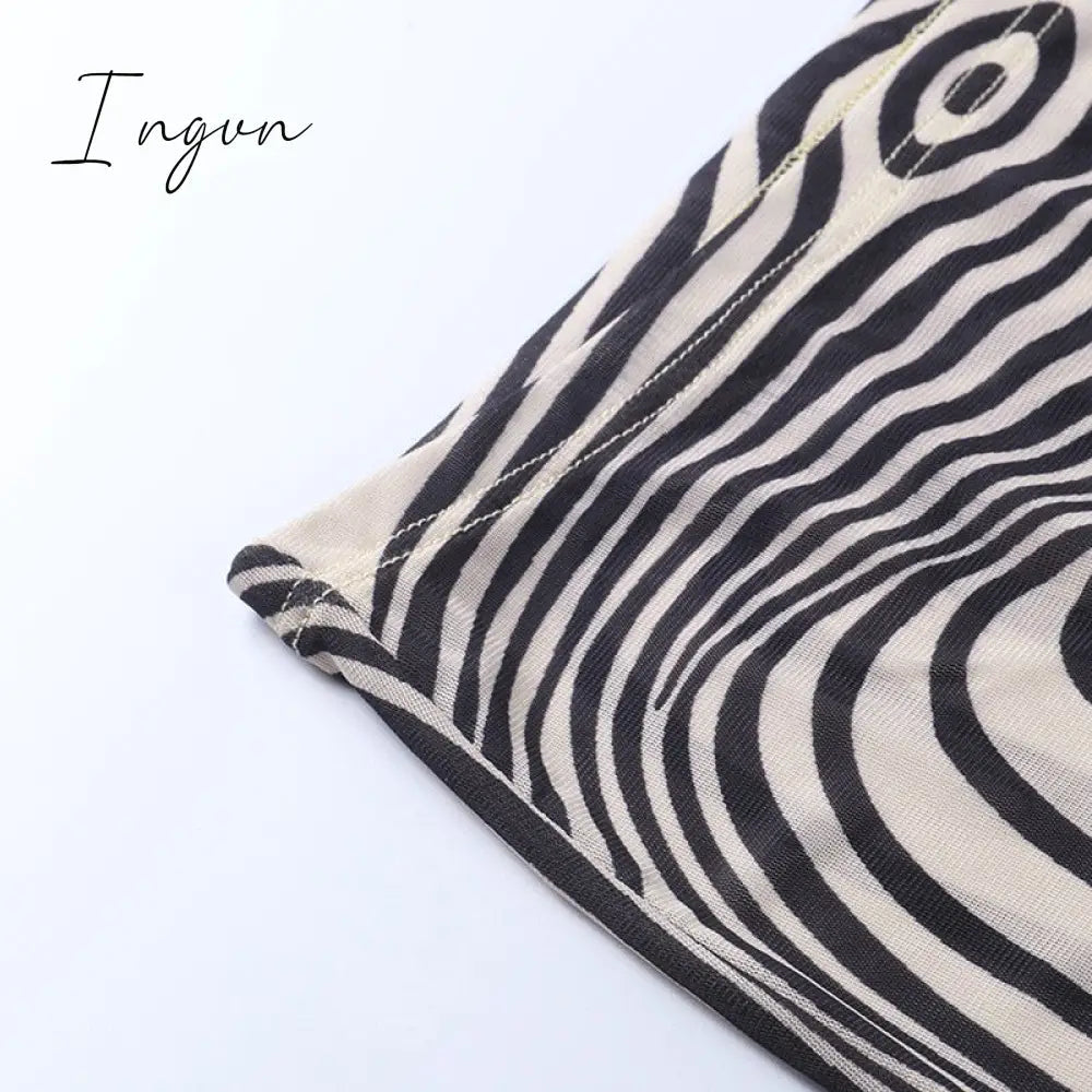 Ingvn - Autumn Mesh Zebra Striped Sets Women 2 Piece Suit T-shirt + Long Pants See-through Sexy Co-ord Set Female Tracksuit Costume