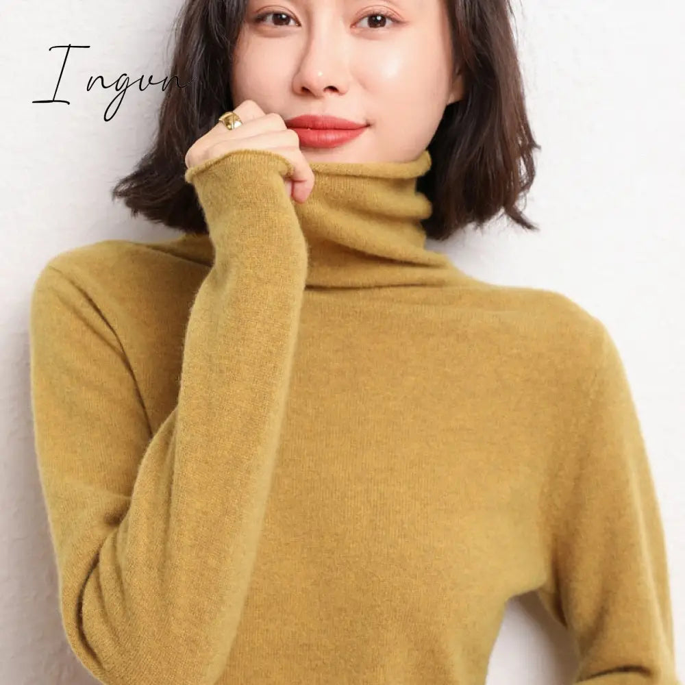 Ingvn - 100% Pure Wool Cashmere Sweater Fall/Winter Pile Collar Pullover Korean Fashion Casual Knitted Tops Women Jacket Long Sleeve