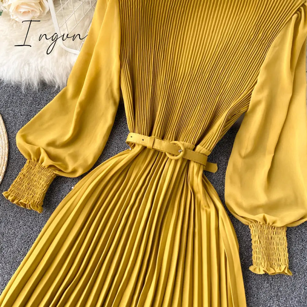 Ingvn - Vintage Women Pleated Long Dress Female Elegant Lantern Long Sleeve High Waist Red/Purple Draped Maxi Vestidos Spring Autumn New