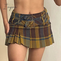Ingvn - Preppy Style Grunge Vintage Plaid Mini Skirt Sexy Women Y2K Aesthetic Kawaii Low Rise Pleated Skirt Harajuku Vintage Clothes