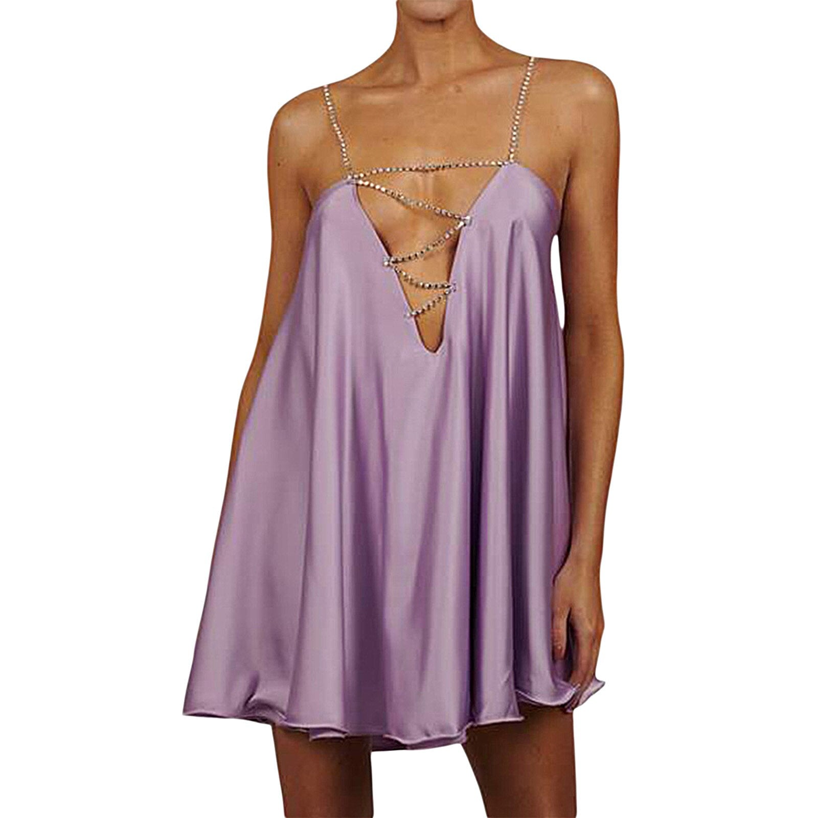 Diamante Chain Satin Low Back Swing Dress With Iridescent Crystal Straps and Neck Sexy Celebrity Party Elegant Women Dress
