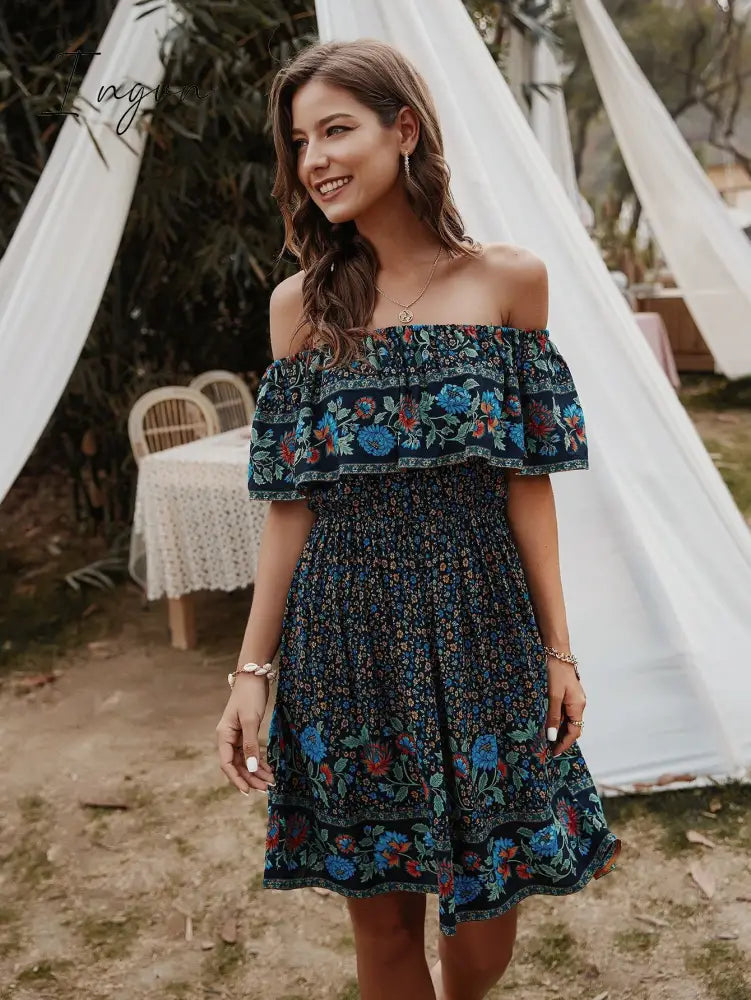 Ingvn - Bohemian Print Off-Shoulder Strapless Knee Length Dress