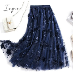 Ingvn - Luxury Woman Skirts Korean style Fashion Elastic Waist Appliques Embroidery Floral Mesh Skirt Long Gauze Ball Gown Skirt