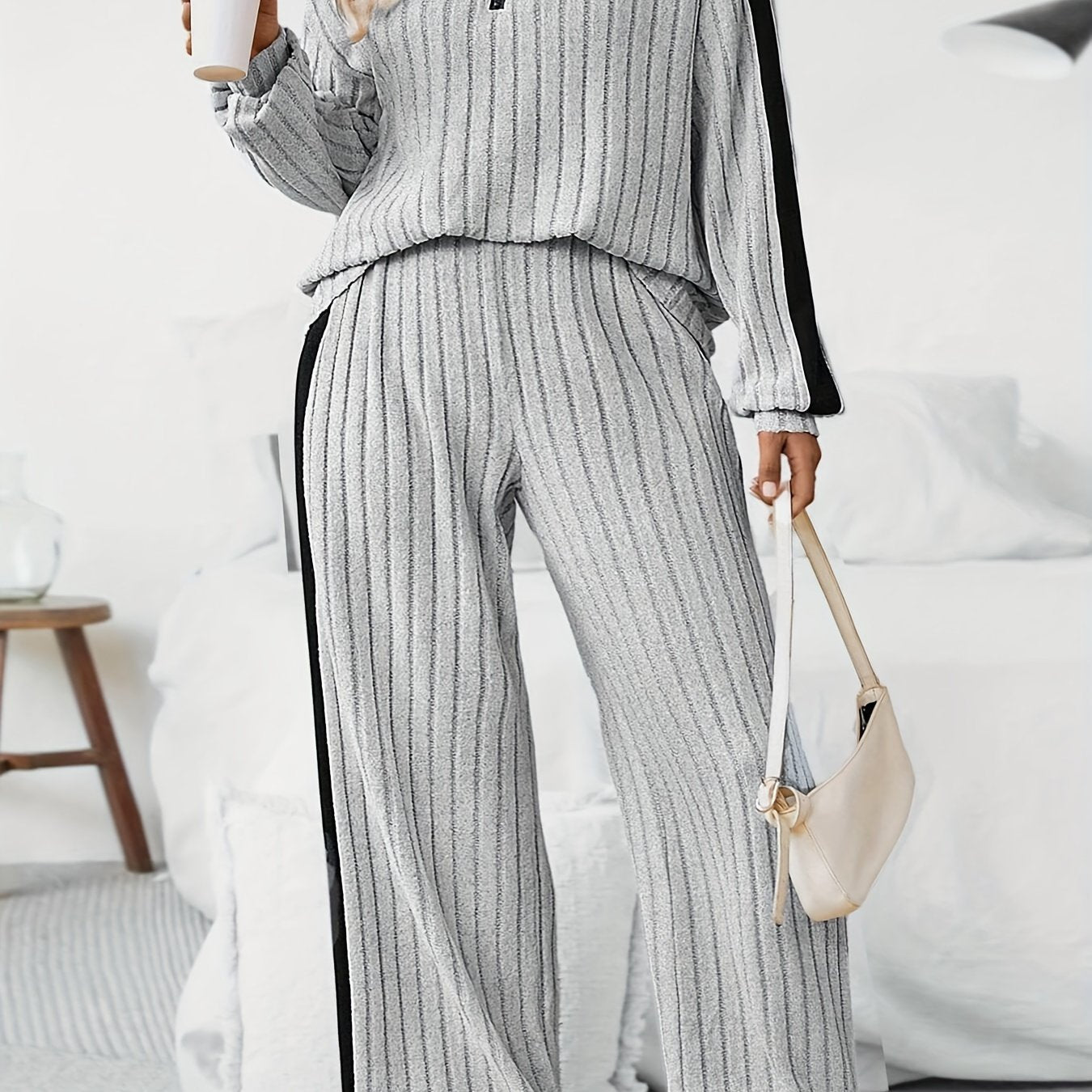 Stylish Plus Size Co-ords - Ribbed Half Zip Long Sleeve Sweatshirt and Wide Leg Pants Outfits for Women - Casual, Comfortable, and Chic Clothing Set for Curvy Figures
