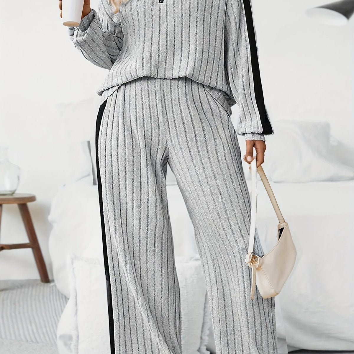 Stylish Plus Size Co-ords - Ribbed Half Zip Long Sleeve Sweatshirt and Wide Leg Pants Outfits for Women - Casual, Comfortable, and Chic Clothing Set for Curvy Figures