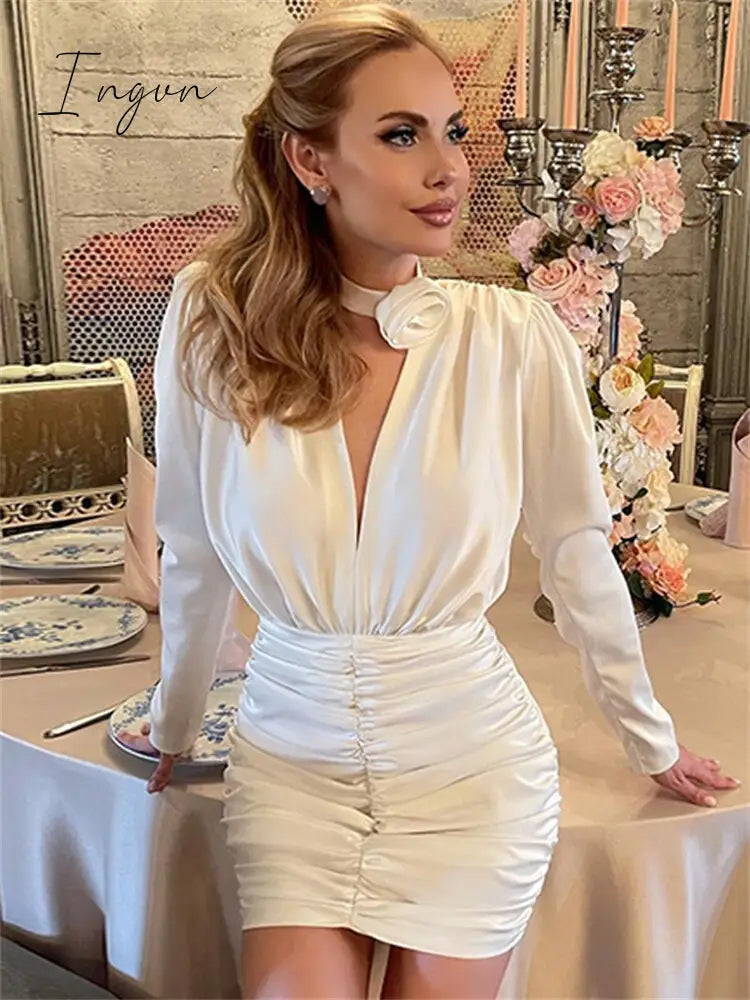 Ingvn - Womens Fall Fashion Satin Ruched Deep V Neck Long Sleeve Mini Bodycon Dress Women Autumn Winter Elegant Sexy Party Dresses
