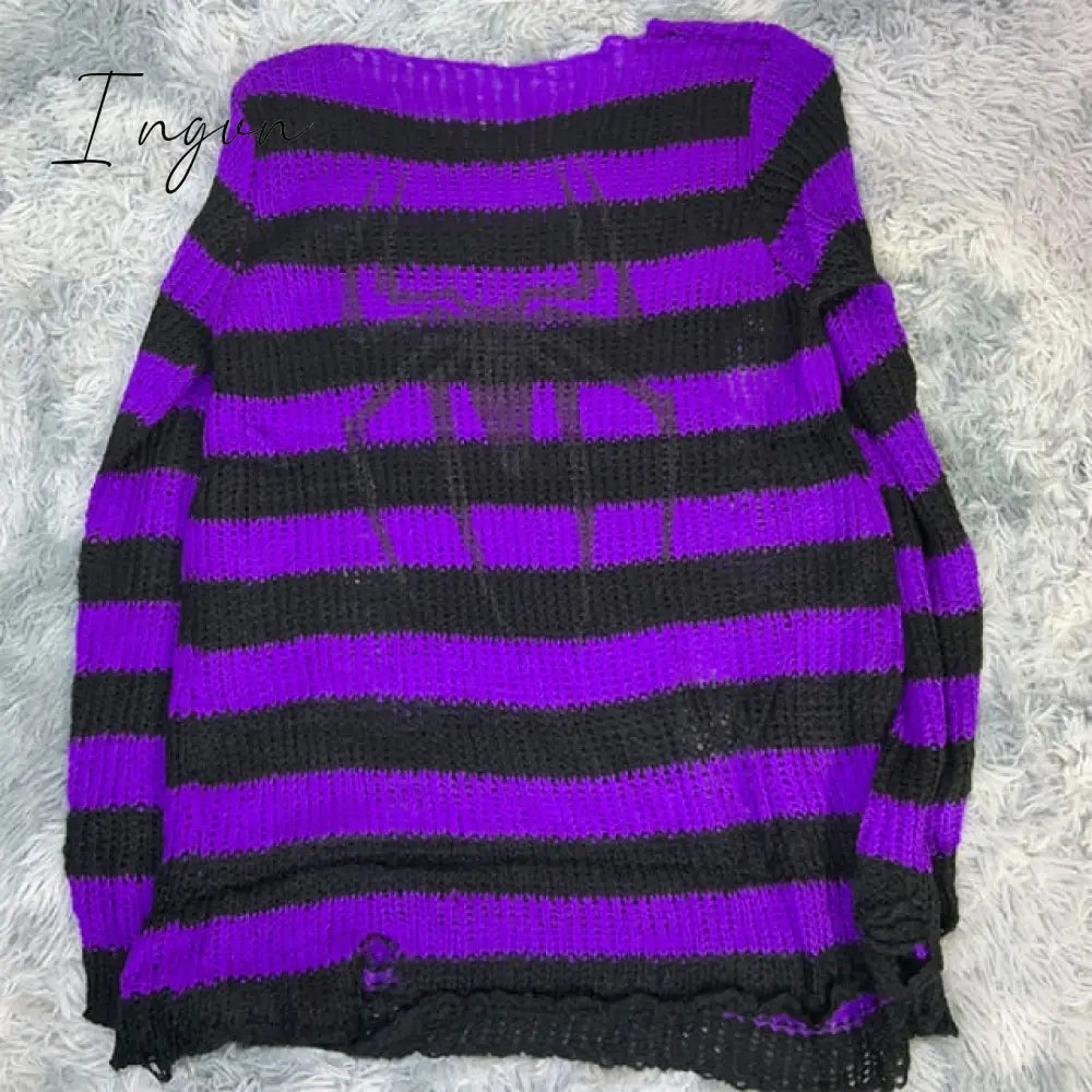 Ingvn - Plus Size Punk Gothic Long Unisex Sweater Dress Cool Hollow Out Hole Broken Jumper Loose Rock Thin Sweter Women Man Striped