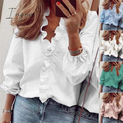 Ingvn - Womens Tops And Blouses Elegant Long Sleeve White Ol Shirt Ladies Solid Color Chemise Femme Blusa Feminina Streetwear