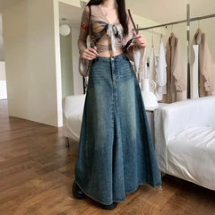 Spring and Summer New Sweet Cool Retro Old Denim Skirt Women's High Waist A- line Large Skirt Long Skirt Hip Skirt