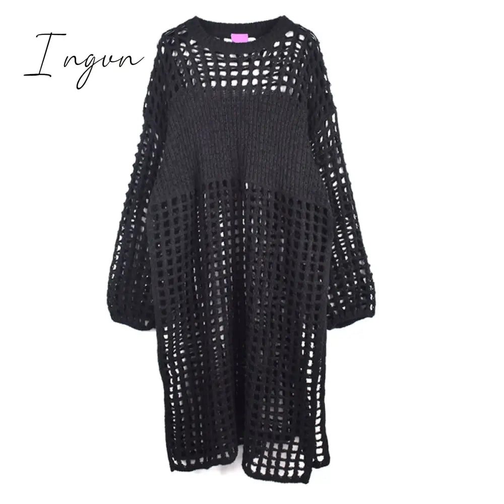Ingvn - Fashion Solid Color Knitting Dress Loose Casual Temperament Hollow Out Sweater O-neck All-match Women New