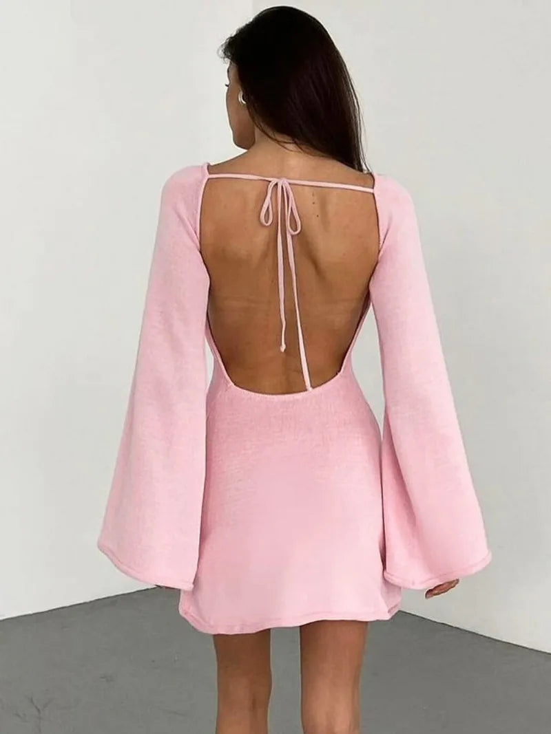 Ingvn  Womens Flare Sleeve Lace-up Backless Pink Sweater Dress Ladies Autumn High Waist Hollow Out Knitted White Party Vacation Dresses