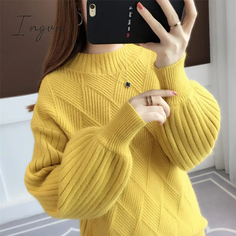 Ingvn - Gifts For Women Half-neck sweater women autumn winter new knitted sweater loose round sweater mujer solid color bat sweater Jumper