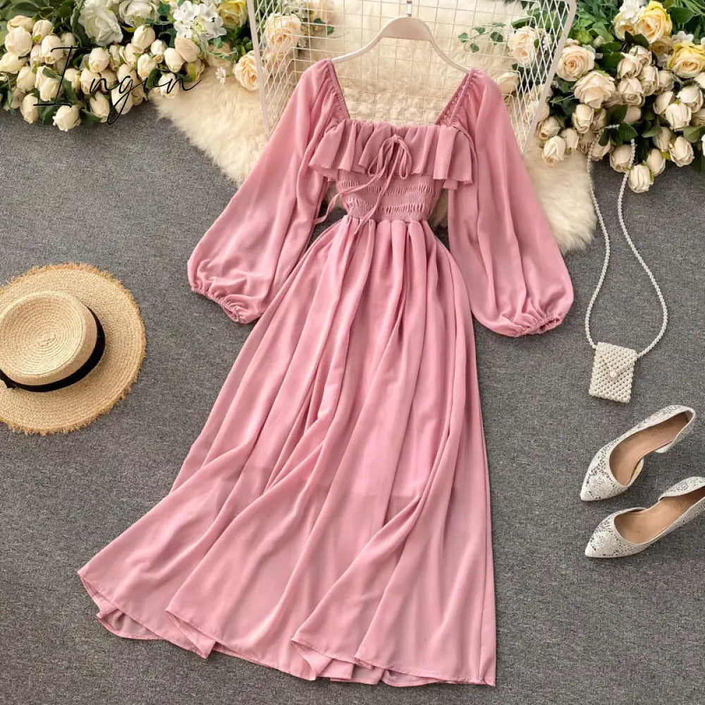 Ingvn - Woherb Chic Elegant Square Collar Maxi Dress Women Solid Chiffon Puff Sleeve Dresses Korean Fashion Vintage Ruffle Vestidos