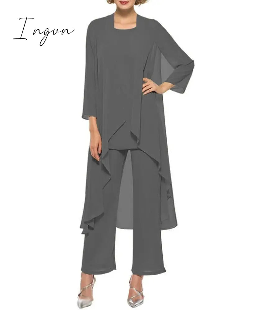 Ingvn - Mother of the Bride Dresses Plus Size Dress Blazer Champagne Chiffon Pantsuit 3 Pieces Wedding Party Guest Gown Dress