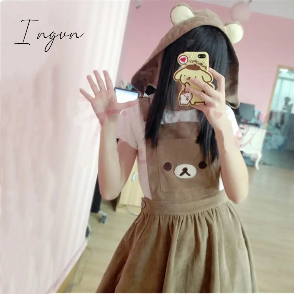 Ingvn - Japanese Kawaii Rilakkuma Lolita Overall Dress Cute Bear Embroidery Hat Ball Gown Harajuku Lolita Dress Harajuku Cute Warm Dress