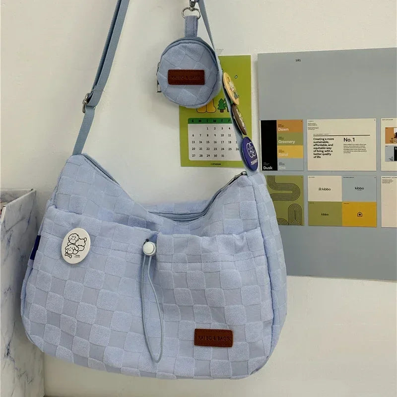 INGVN  Harajuku Style College Crossbody Bag Solid Color Plaid Print Large Capacity Shoulder Bag New Cute Fashion Designer Handbag