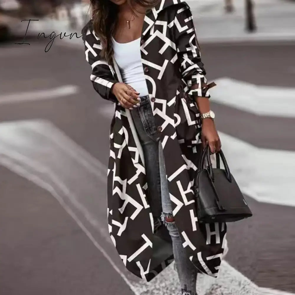 Ingvn - Women's Khaki Striped Plaid Contrast Long Trench Coat