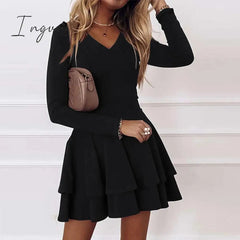 Ingvn - Sexy Women V neck Pleated Party Dress Spring Solid Casual Long Sleeve Loose Dress Elegant Autumn Office Lady Mini Dress Vestidos