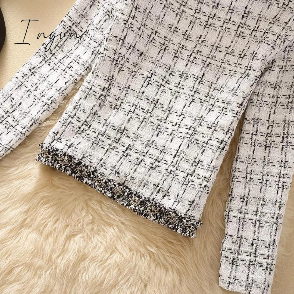 Ingvn - 2023 Trends Hot Sale Kurta For Women Cropped Tweed Coat Vintage O-Neck Open Stitch Tassel Slim Plaid Jacket Korean Blends Wool Outwear Tops Female