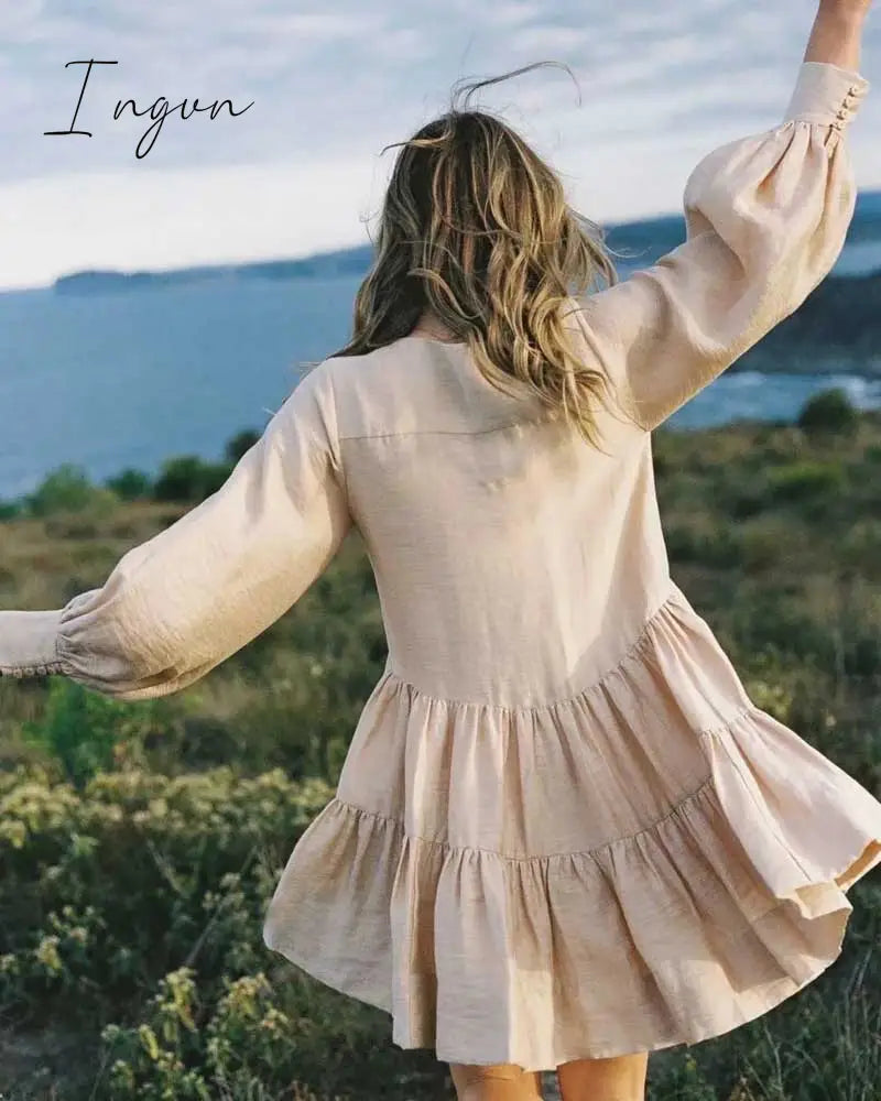 Ingvn - pleating women dress long sleeve spring autumn dress fashion ladies dress pockets mini sexy dress women
